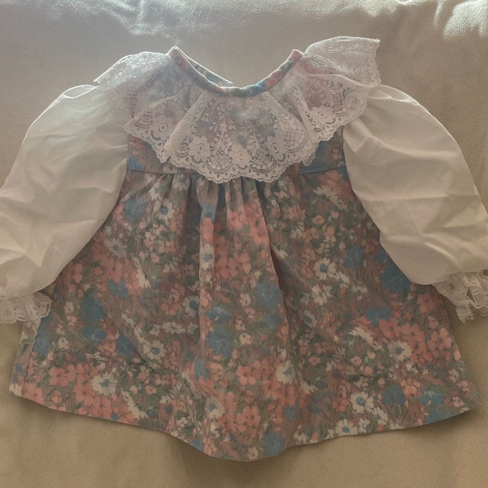 Vintage Corduroy Floral Kids Dress with Lace Collar